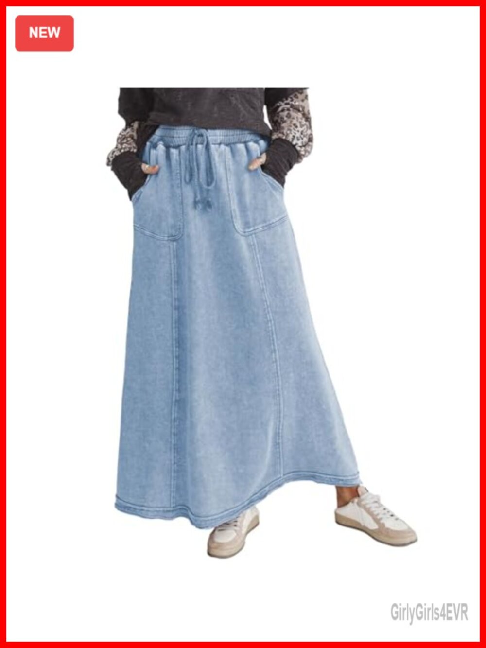 Cotton Acid Wash Maxi Skirt Elastic Drawstring A-Line High Waist with Pockets